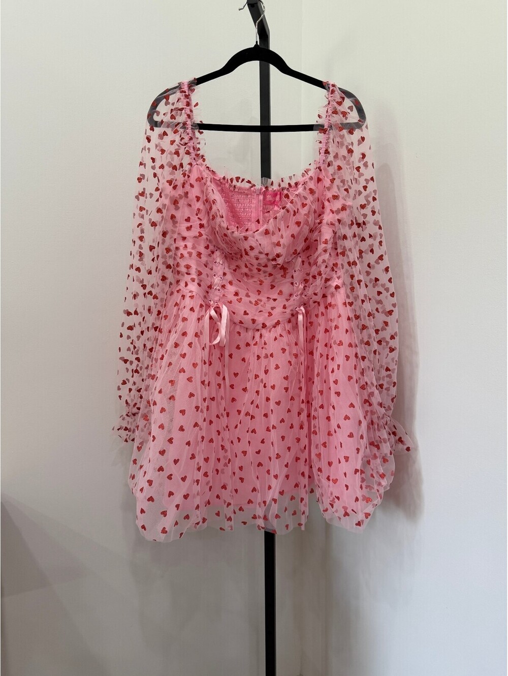 NWT 1x Sugar Thrillz Pink Heart Print Mesh Dress with Corset Detail - Picture 2 of 13
